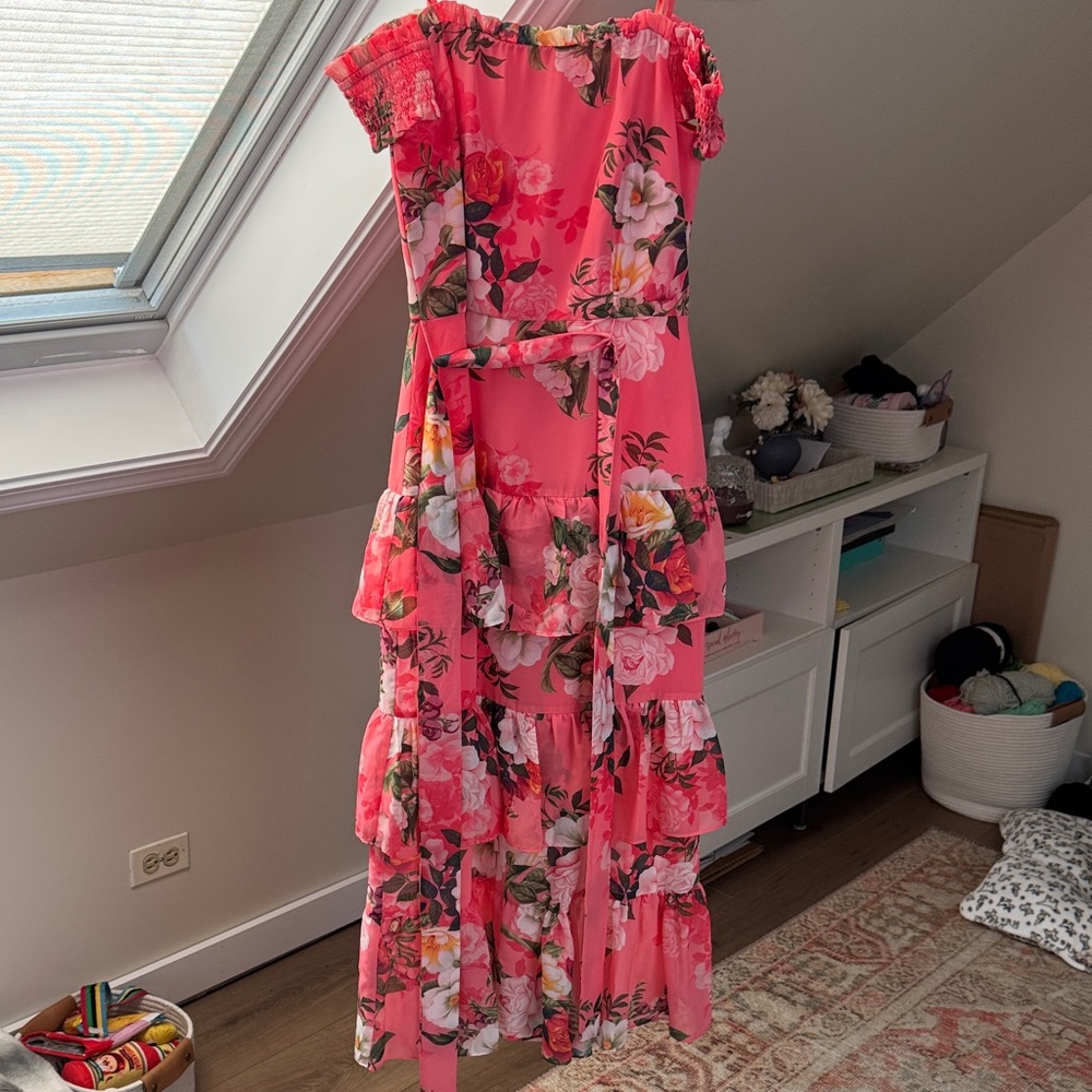 Eliza J Floral Pink Off-Shoulder Dress - Coral